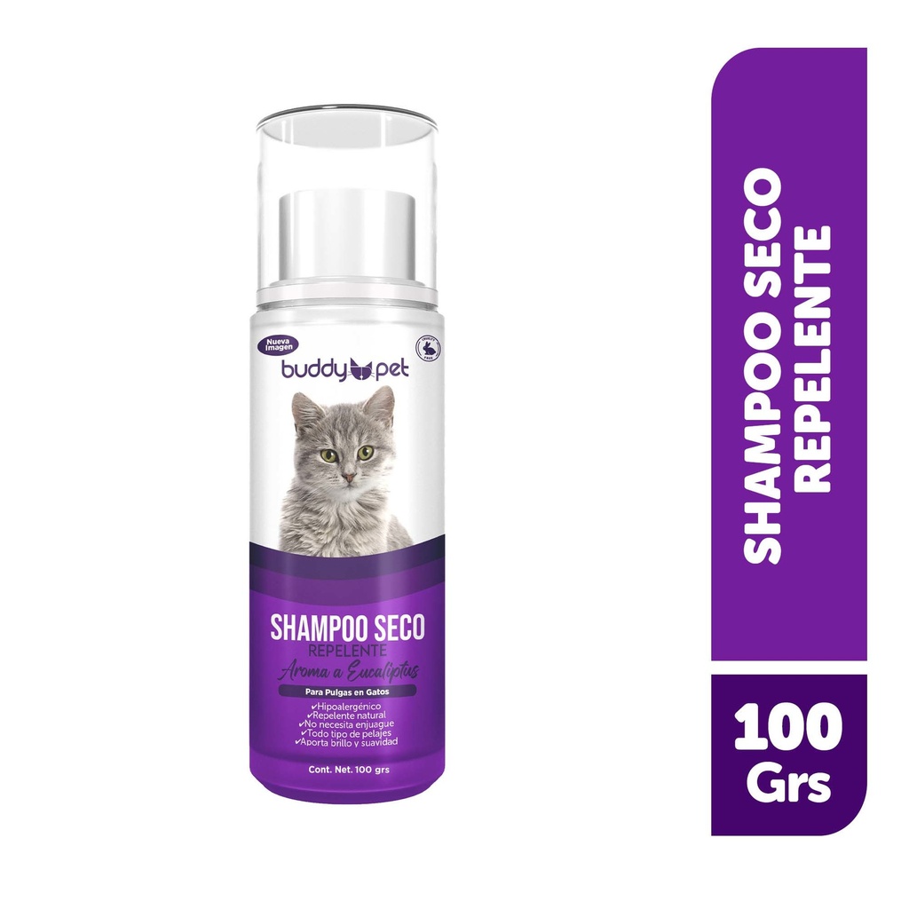 Shampoo para Gato Seco Repelente Pulgas Aroma Eucaliptus Lata 100 g Buddy Pet