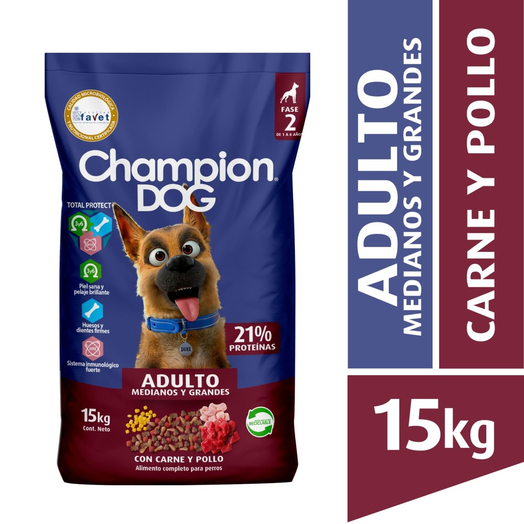 Alimento Seco Perro Adulto Raza Mediana/Grande Carne y Cereales Bolsa 15 Kg Champion Dog
