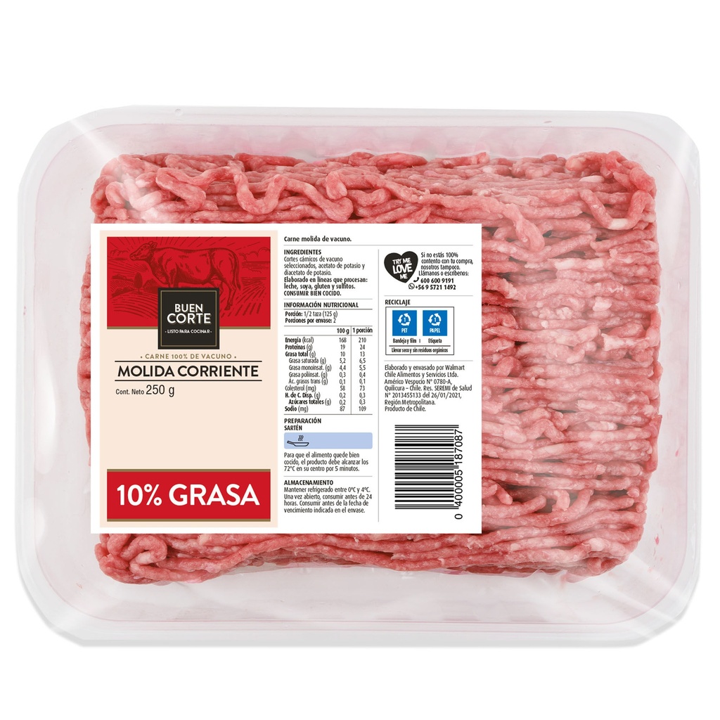 Carne de Vacuno Molida 10% grasa Bandeja 250 g El Buen Corte