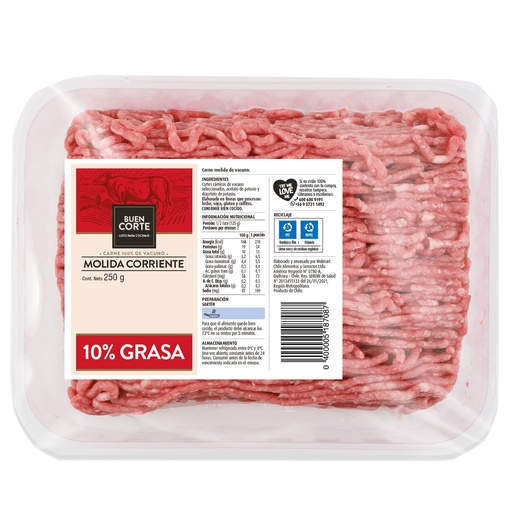 [695861] Carne de Vacuno Molida 10% grasa Bandeja 250 g El Buen Corte